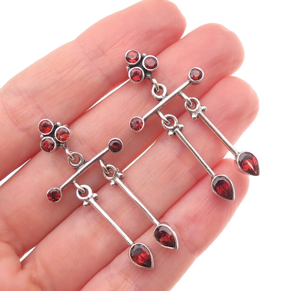 925 Sterling Silver Vintage Real Red Garnet Modernist Dangle Earrings